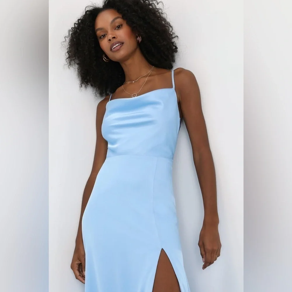 NWOT Lulus Formal Invitation Light Blue Satin Cowl Neck Maxi Dress‎